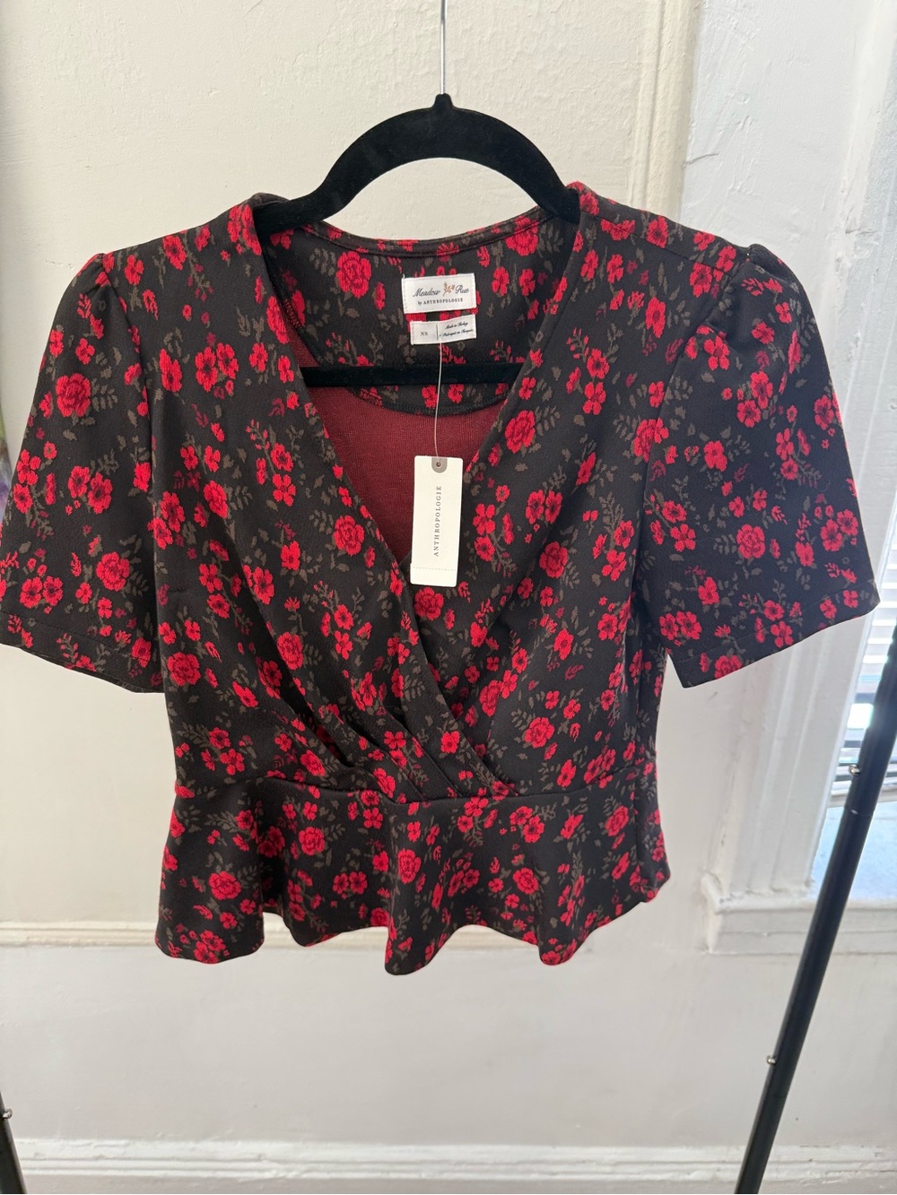 Meadow Rue by Anthropologie Floral Wrap Peplum Top - Black with Red Roses